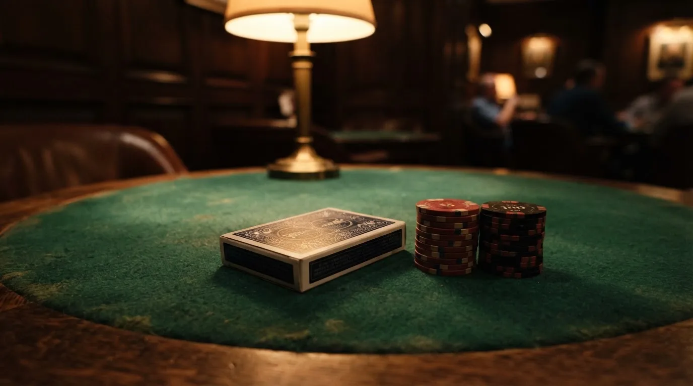 Kortlek och staplar av spelmarker på ett grönt filtbord i en dunkel salong, varmt lampsken — 10 euro casino i sverige