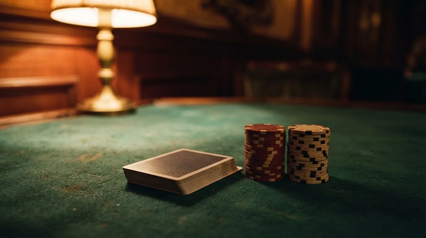 Kortlek och staplar av spelmarker på ett grönt filtbord i en dunkel salong, varmt lampsken — 10 free spins casino i sverige