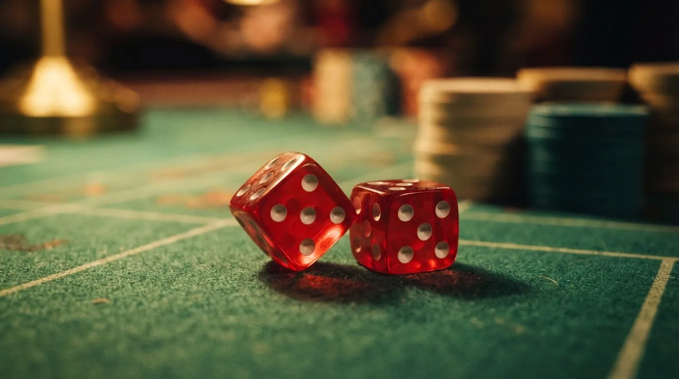Röda tärningar vilar på grönt filt, bakom dem suddiga torn av spelmarker i kvällsdunklet — 10 kr casino i sverige