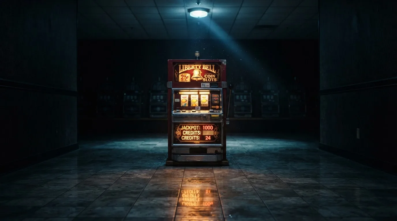 En gammal spelautomat lyser i den dunkla hallen och speglar sig i golvet — 100 free spins casino i sverige
