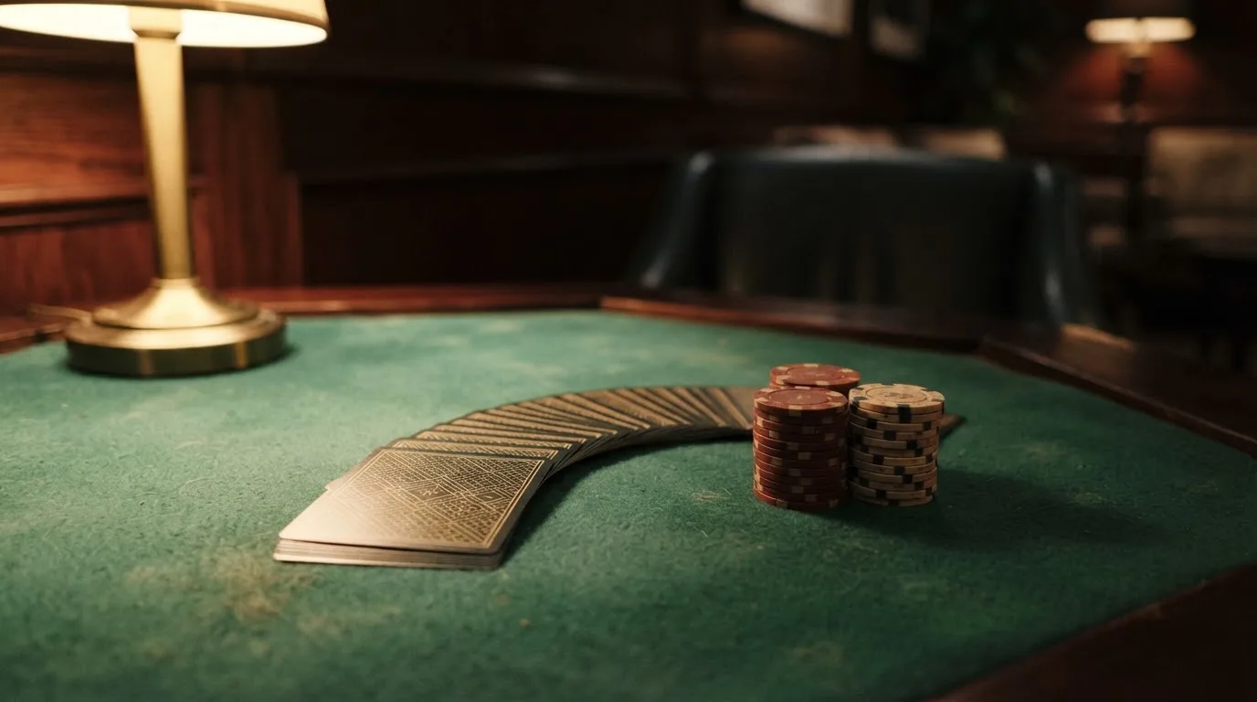 Kortlek och staplar av spelmarker på ett grönt filtbord i en dunkel salong, varmt lampsken — 150 free spins casino i sverige