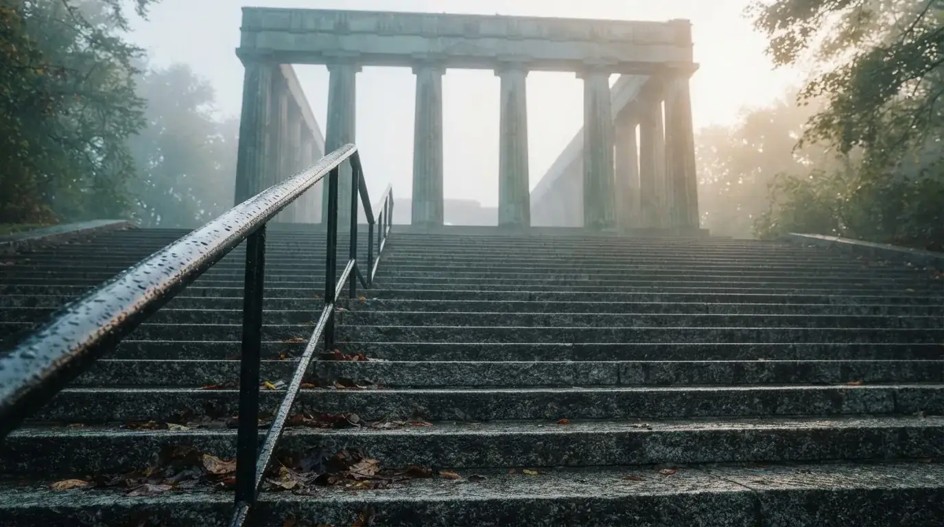 Grå granittrappa upp till en pelargång en dimmig morgon, räcket glänser av fukt — bästa blackjack i sverige