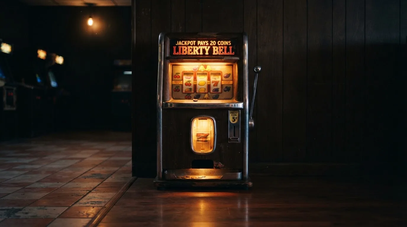 En gammal spelautomat lyser i den dunkla hallen och speglar sig i golvet — bästa kasino i sverige