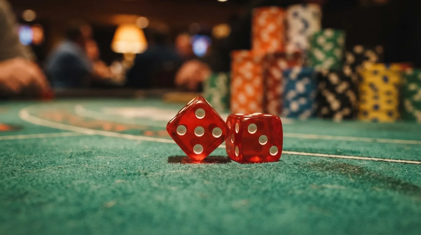 Röda tärningar vilar på grönt filt, bakom dem suddiga torn av spelmarker i kvällsdunklet — blackjack gratis i sverige