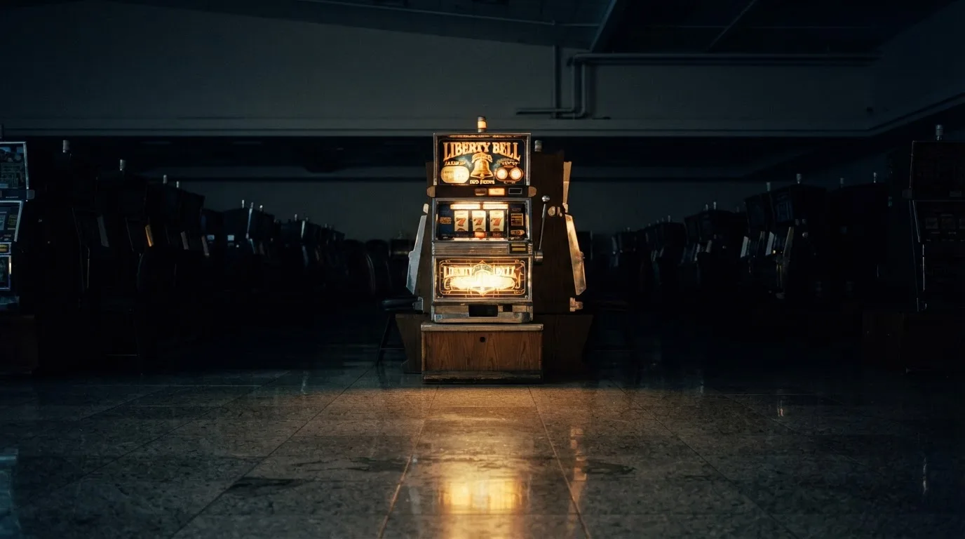 En gammal spelautomat lyser i den dunkla hallen och speglar sig i golvet — blackjack på nätet i sverige