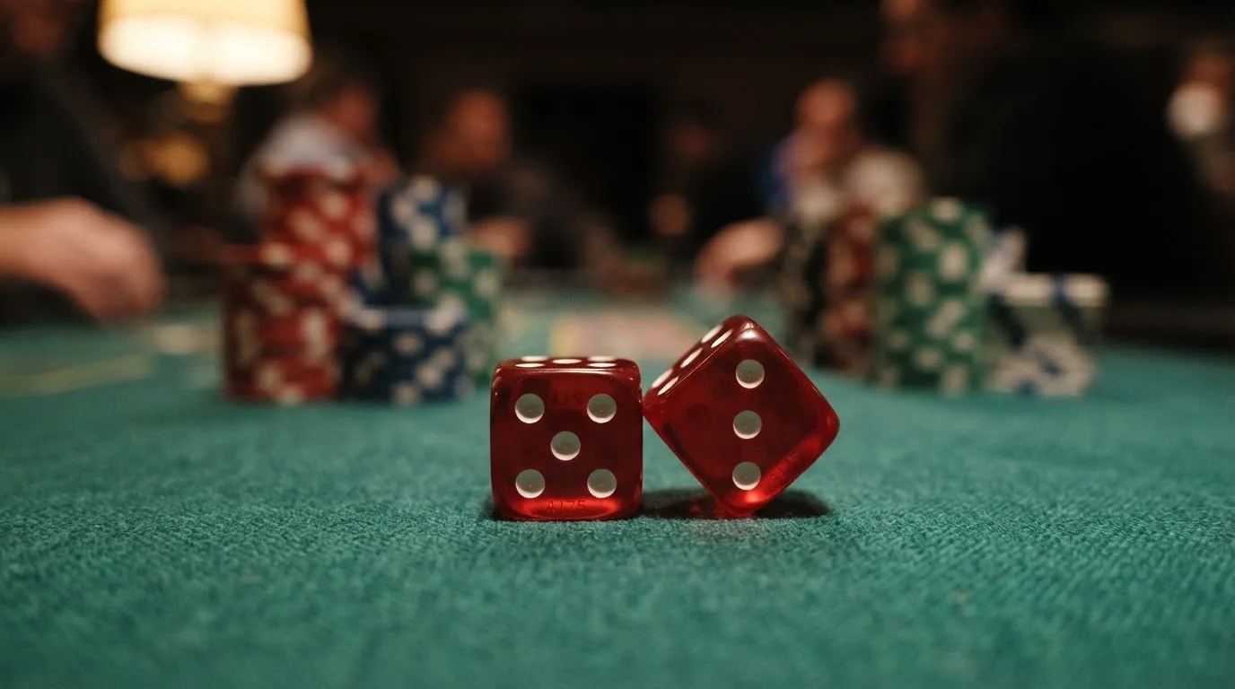 Röda tärningar vilar på grönt filt, bakom dem suddiga torn av spelmarker i kvällsdunklet — bra svenska casinon