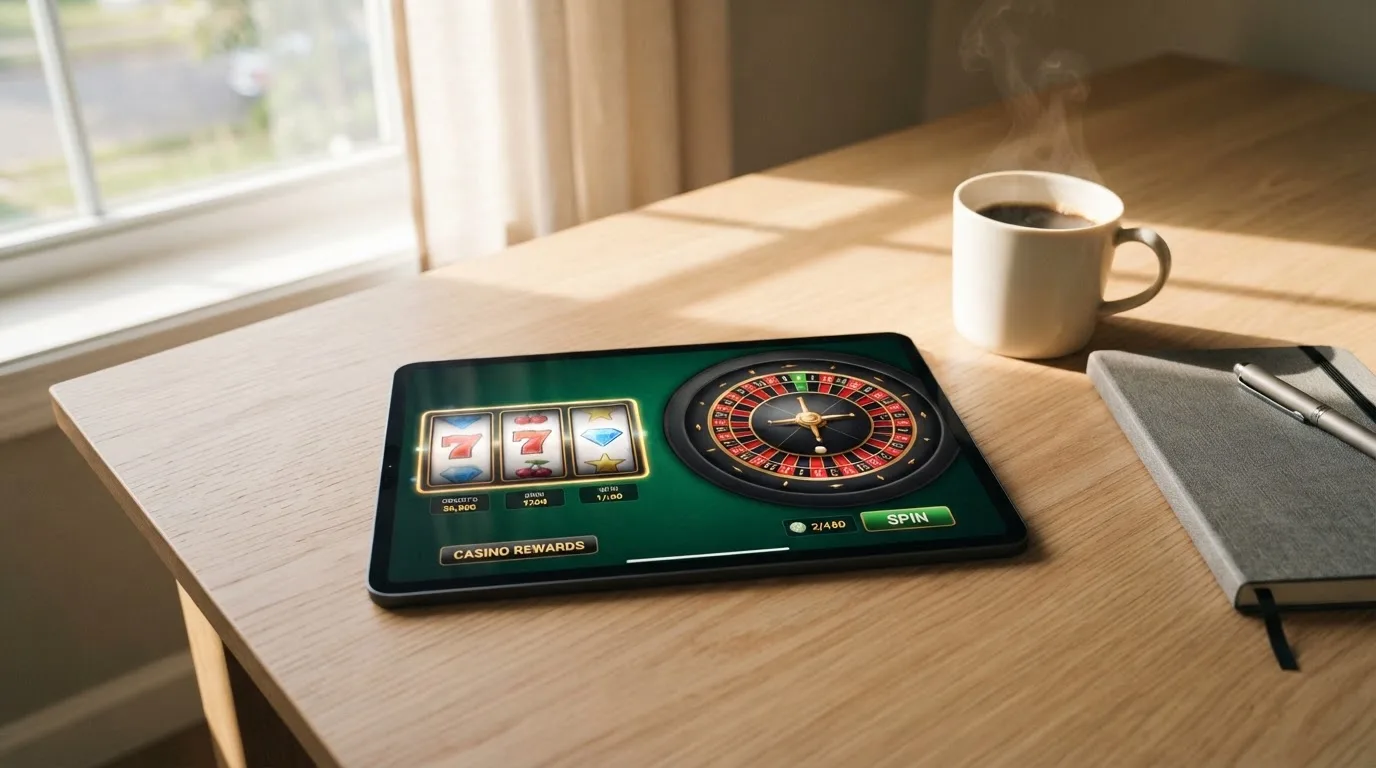 En person sitter vid ett skrivbord hemma med en surfplatta nedvänd bredvid en kopp kaffe i morgonljus.