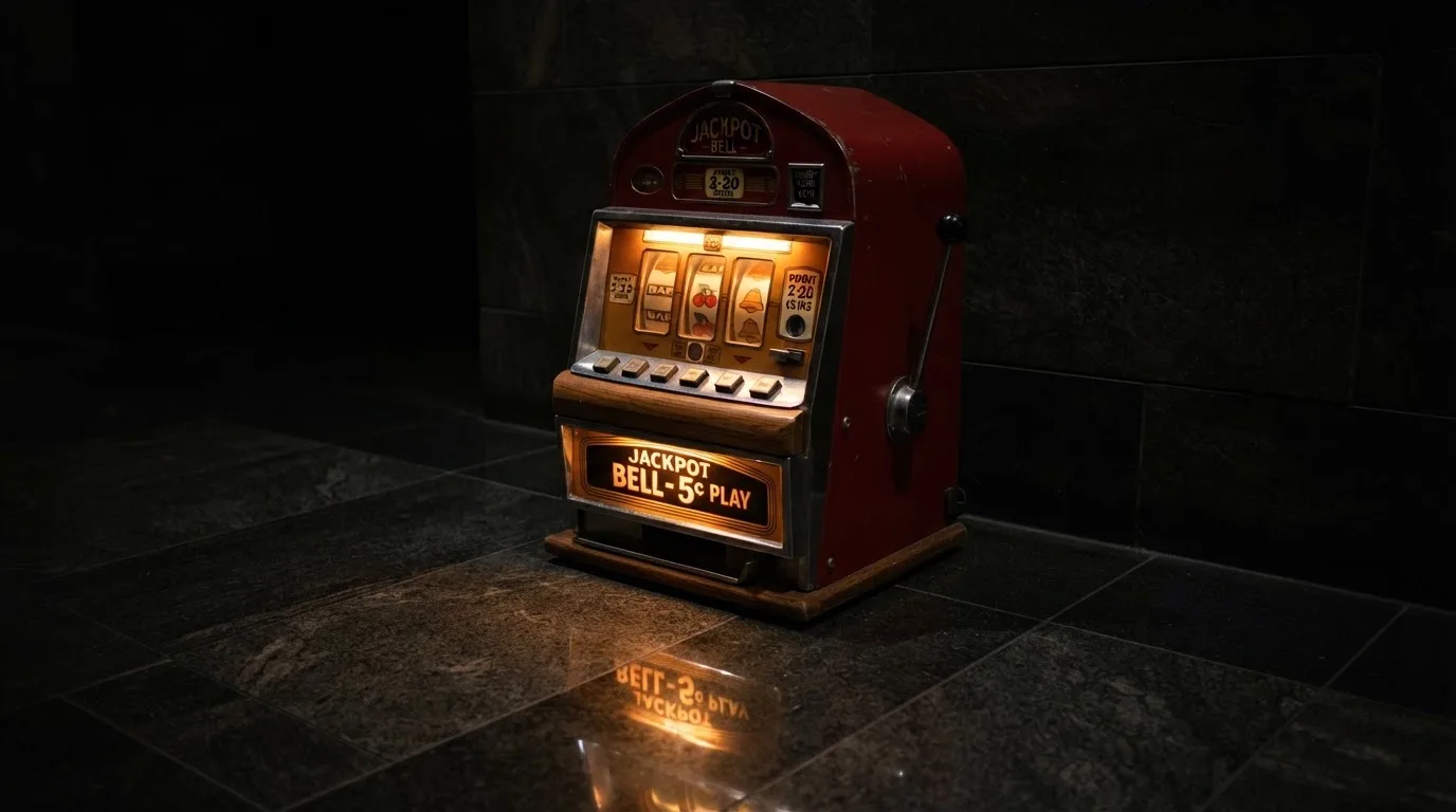 En gammal spelautomat lyser i den dunkla hallen och speglar sig i golvet — casinon med bankid i sverige