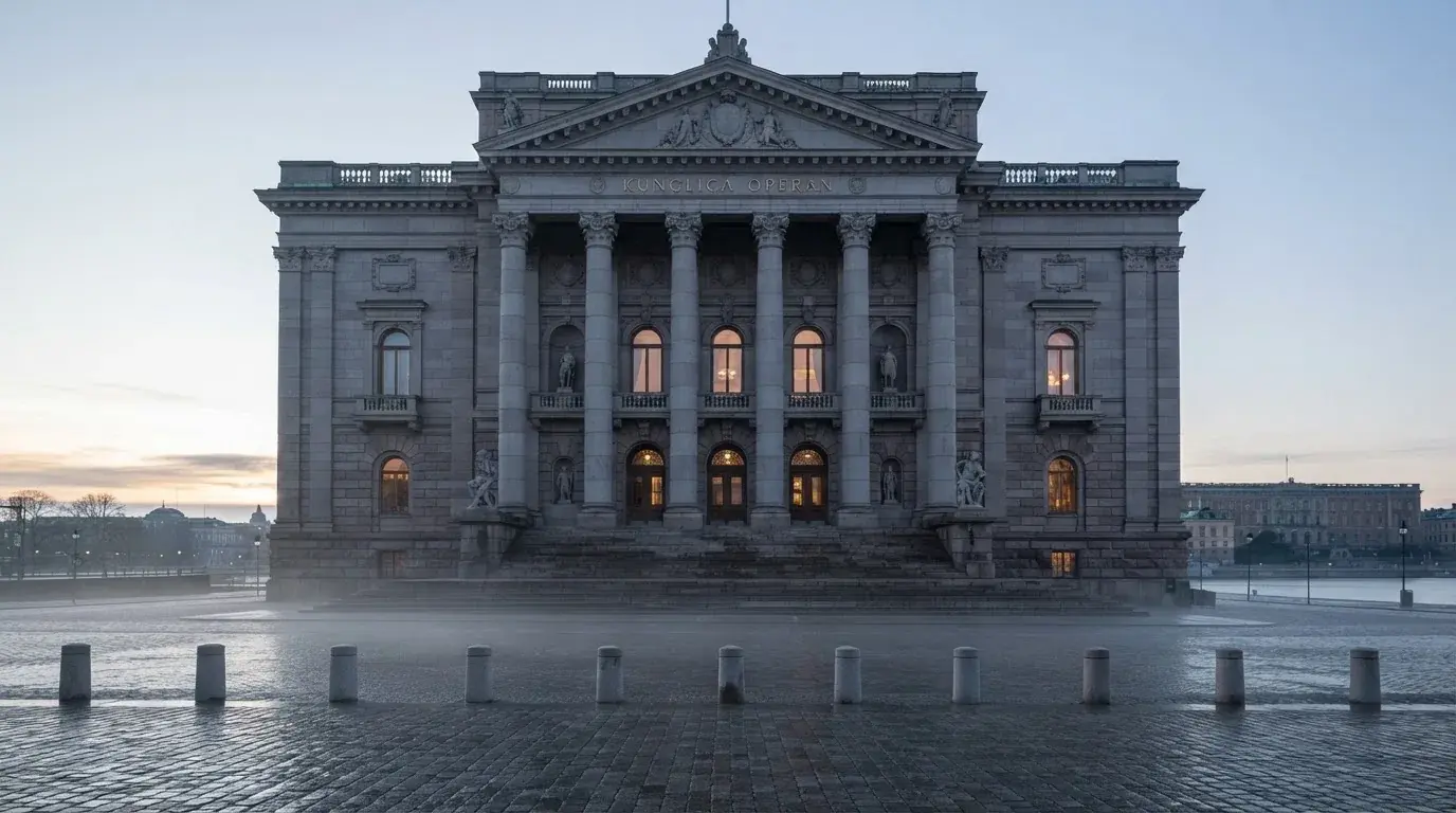 Stenfasad på en statlig byggnad i Stockholm vid gryning, höga pelare och ett tomt torg framför — casinon med bankid i sverige
