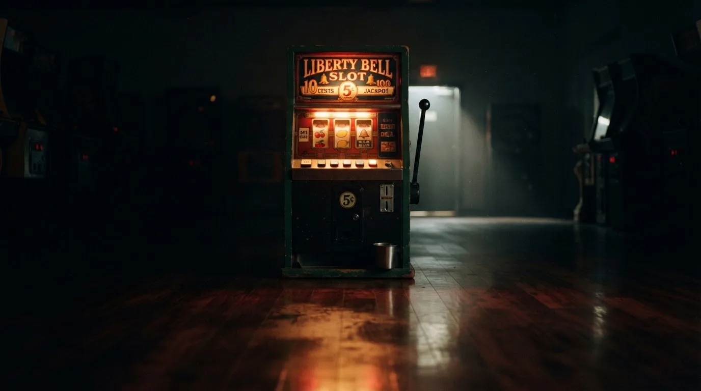 En gammal spelautomat lyser i den dunkla hallen och speglar sig i golvet — casinon med curaçao licens