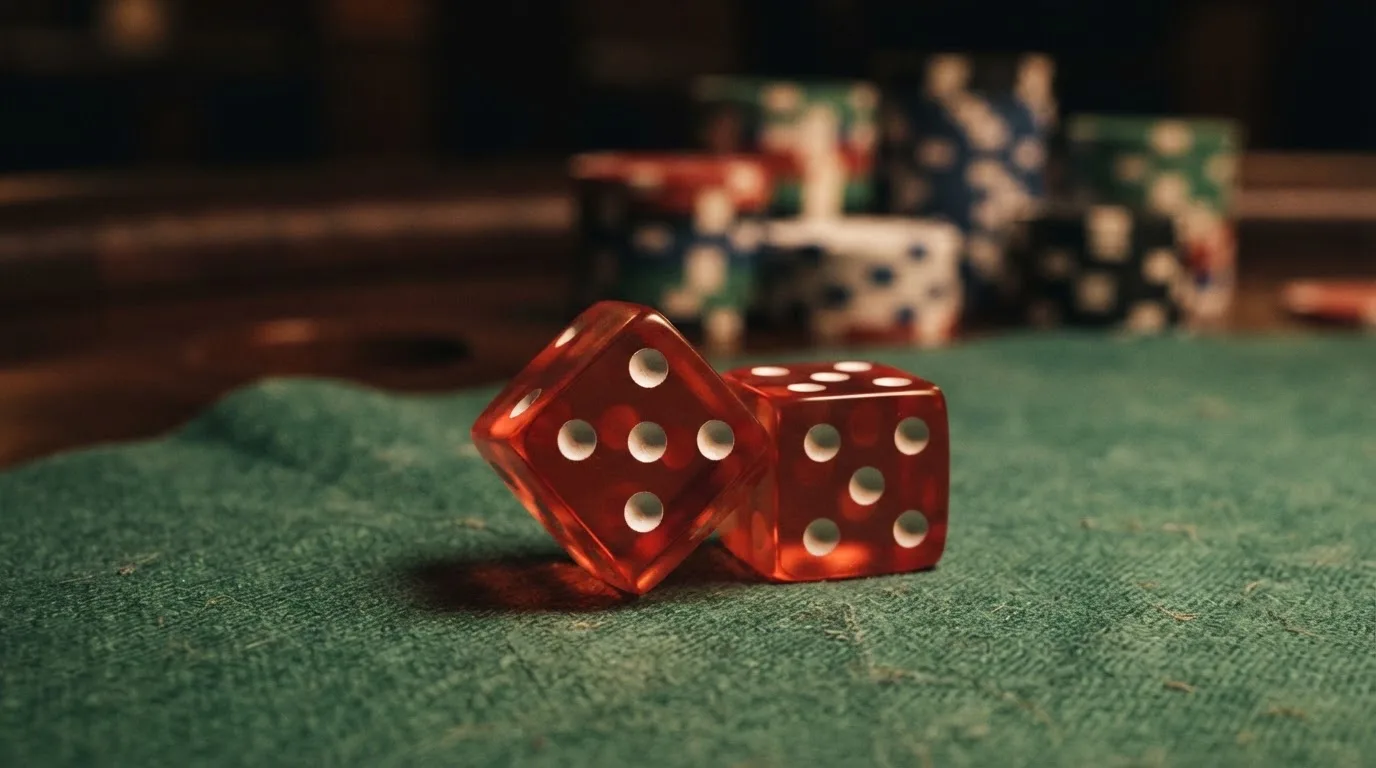 Röda tärningar vilar på grönt filt, bakom dem suddiga torn av spelmarker i kvällsdunklet — casinon med jackpot i sverige