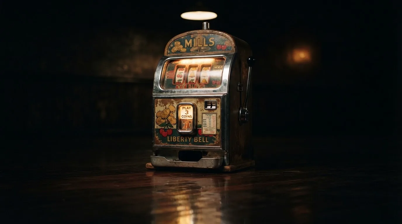 En gammal spelautomat lyser i den dunkla hallen och speglar sig i golvet — casinon med slots i sverige