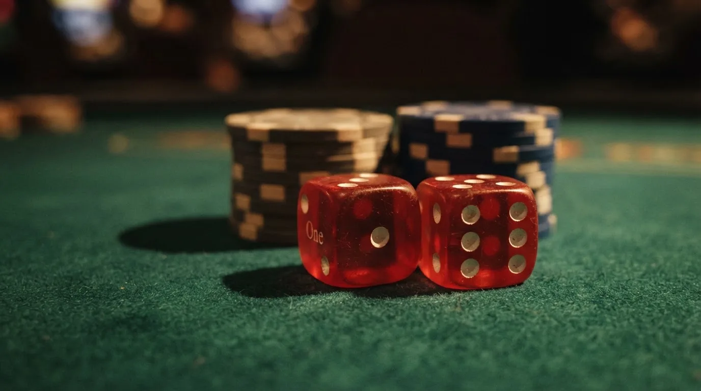 Röda tärningar vilar på grönt filt, bakom dem suddiga torn av spelmarker i kvällsdunklet — casinon med uttag i sverige