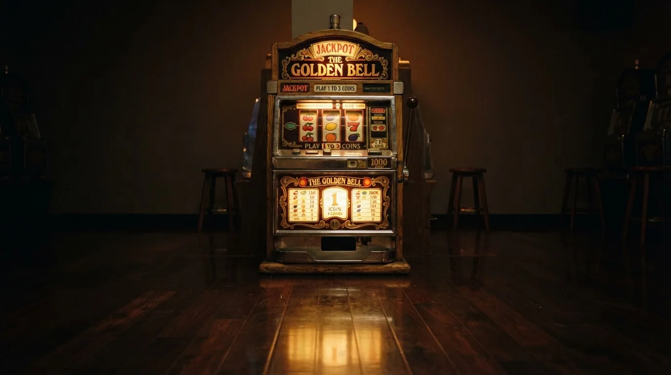 En gammal spelautomat lyser i den dunkla hallen och speglar sig i golvet — casinon utan bankid i sverige