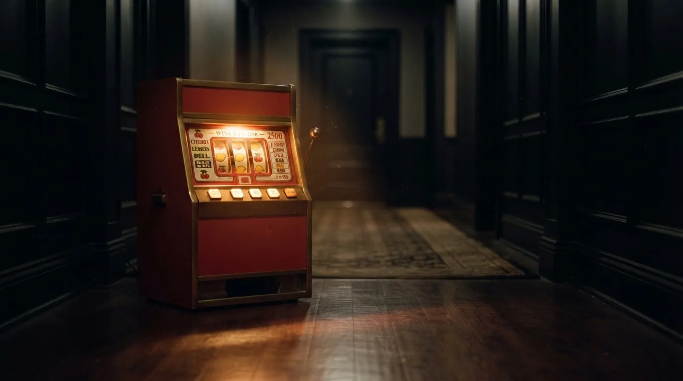 En gammal spelautomat lyser i den dunkla hallen och speglar sig i golvet — casinon utan spelgräns i sverige