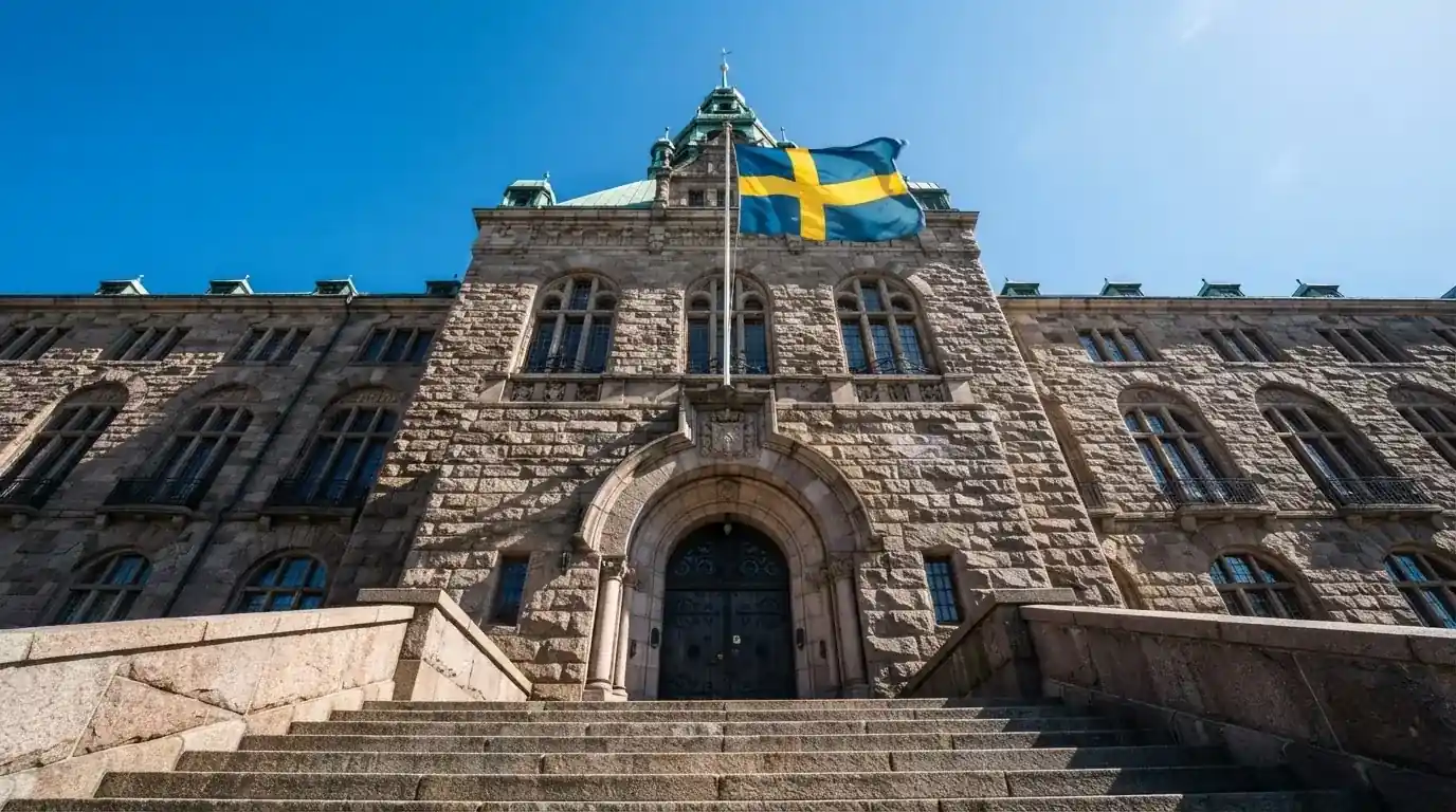Ett gammalt stadshus i sten fotograferat underifrån mot en klarblå himmel, med den svenska flaggan som fladdrar ovanför entrén.