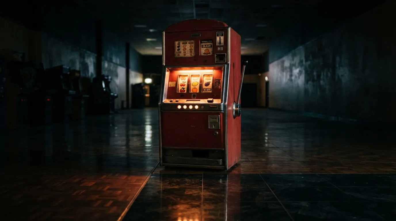 En gammal spelautomat lyser i den dunkla hallen och speglar sig i golvet — svenska casinon med bitcoin
