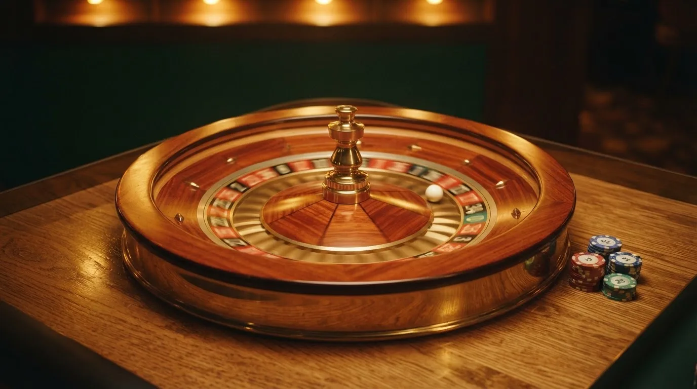 Ett roulettehjul snurrar på ett blankt träbord, den vita kulan glimmar i takljusets guld — svenska casinon med dogecoin