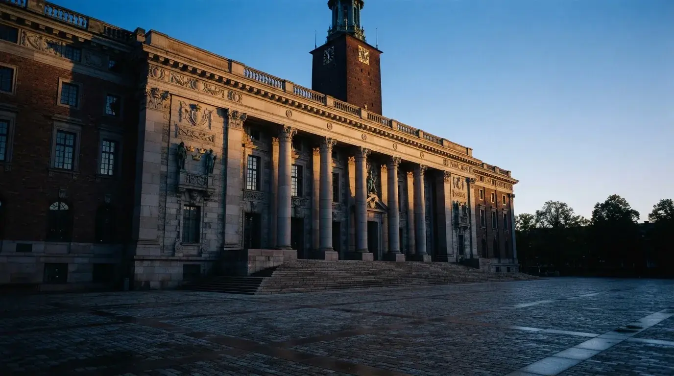 Stenfasad på en statlig byggnad i Stockholm vid gryning, höga pelare och ett tomt torg framför — svenska casinon på android